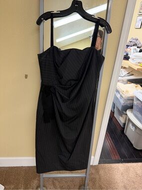 Dolce & Gabbana Black Pinstripe Draped Strapless-Style Midi Dress